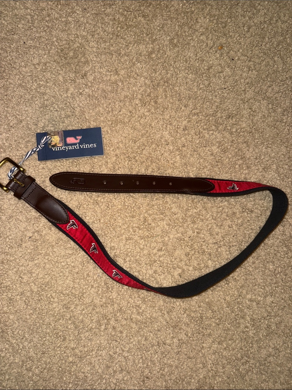 Vineyard Vines Red Webbed Belt with Brown Leather Trim